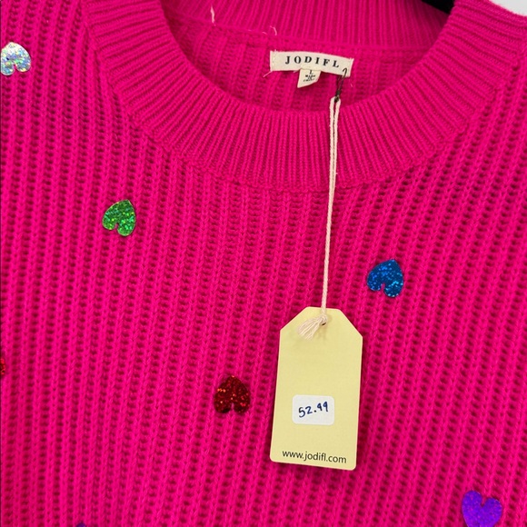 JODIFL Waffle Knit Vibrant Pink Sweater with Sequins Hearts Women's Size L NWT - Picture 9 of 9